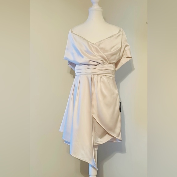 Lulus NWT Always Celebrating Ivory Satin Off-the-Shoulder Mini Dress Large - Picture 2 of 10